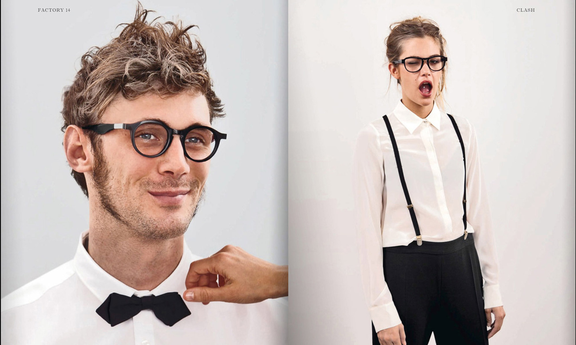 Woman wearing black round Anne & Valentin frames against a mint green background