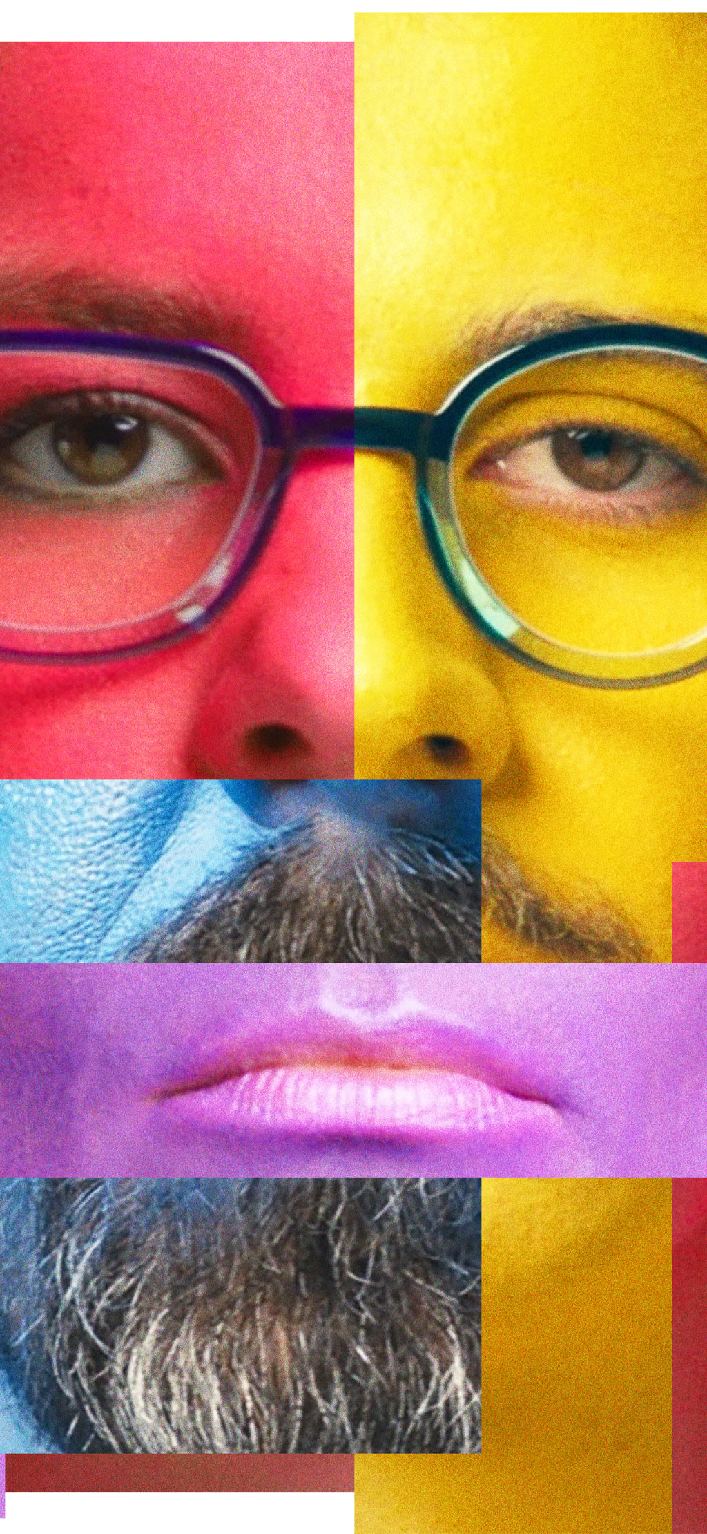 Vertical collage of close-up faces wearing Theo glasses in bright colours