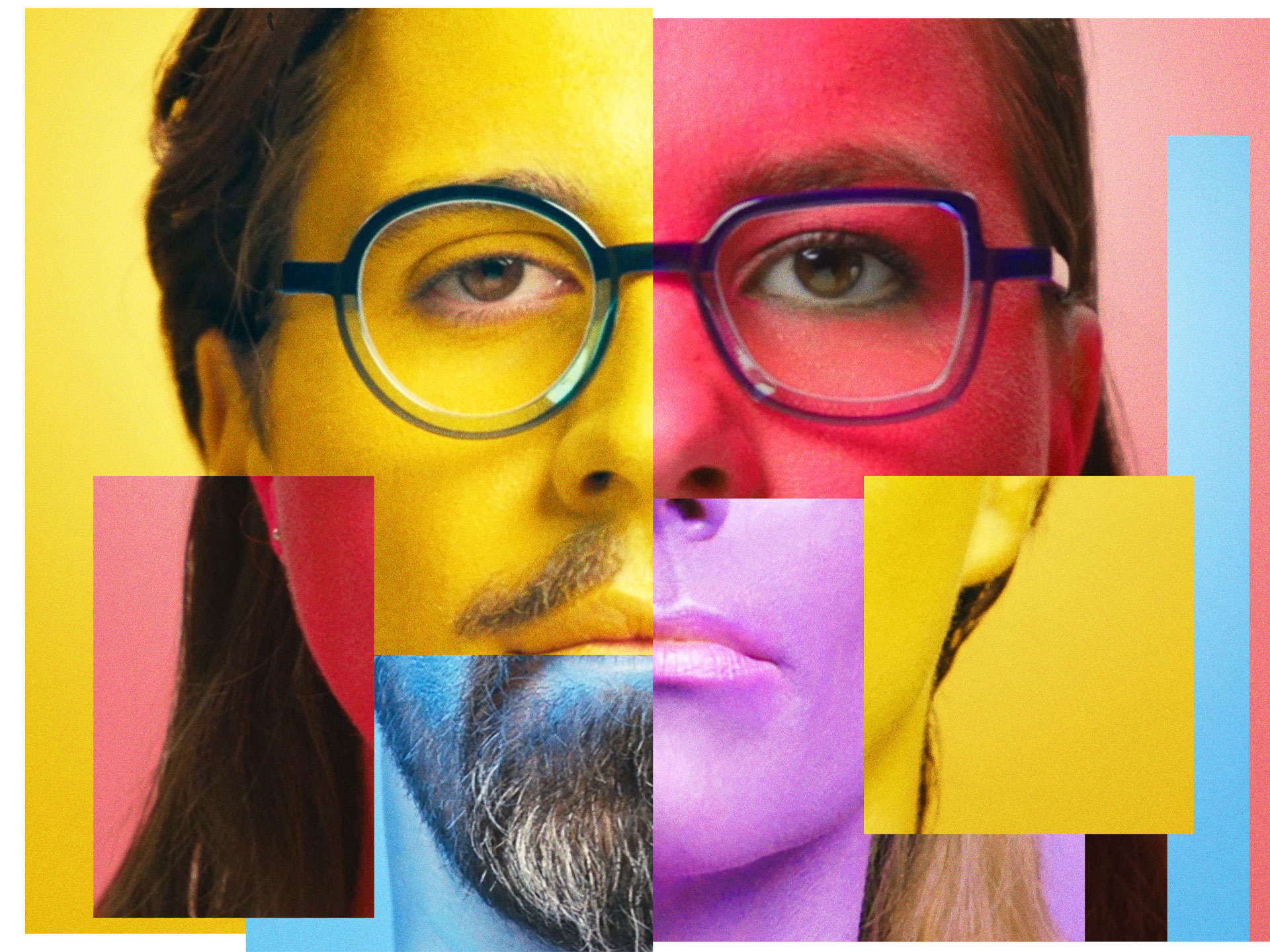 Collage of two faces wearing Theo frames in bright colours, from the Theo SWING campaign