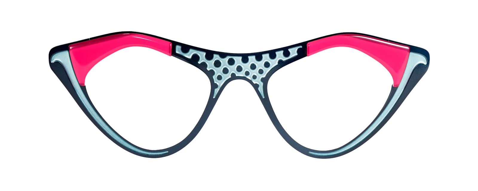 Close-up of a Theo cat-eye frame with an unusual shape, polka-dot pattern and pink temples